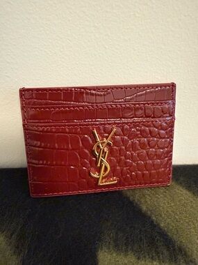Saint Laurent Red Croc-Embossed Card Holder with Gold YSL Logo